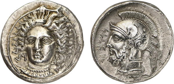 CILICIA, Pharnabazos. Circa 380-379 BC. AR Stater (10.46g). Tarsos mint. Head of Arethusa facing slightly left. Rev. Helmeted and bearded male head left. Casabonne series 3; SNG von Aulock 5920. Lightly toned. Good extremely fine
