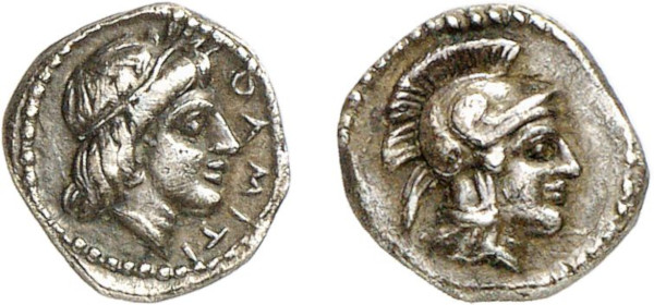CILICIA, Holmoi. Circa 380-375 BC. AR Obol (0.75g). Head of Athena right, wearing crested Attic helmet decorated with palmette. Rev. Head of Apollo Sarpedonios right, wearing tainia and laurel wreath. Göktürk 10; SNG France 121. Attractively toned. Choice extremely fine. Privately acquired from Tradart