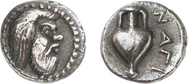 CILICIA, Nagidos. Circa 400-380 BC. AR Obol (0.87g). Bearded head of Pan right. Rev. Amphora. MAST 73 (this coin); SNG von Aulock 5752. Old cabinet tone. Extremely fine. Privately acquired from Tradart