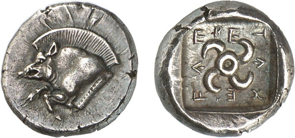 LYCIA, Teththiweibi. Circa 450-430/20 BC. AR Tetrobol (2.54g). Forepart of a boar left. Rev. Tetraskeles within pelleted square border within square incuse. Traité 321; MAST 67 (this coin). Old cabinet tone. Choice extremely fine. Former Jonathan Rosen collection, Monnaies & Médailles 1987 (72) lot 672