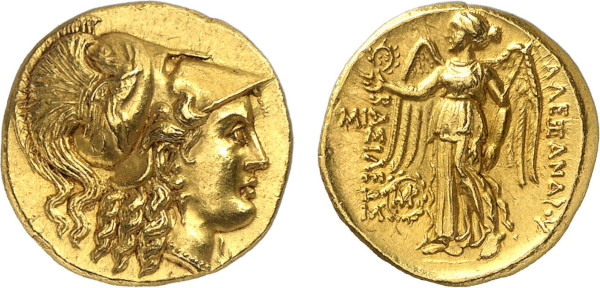 SYRIA, Seleukos I. Circa 311-300 BC. AV Stater (8.57g). Babylon mint. Head of Athena right, wearing triple-crested Corinthian helmet adorned with griffin. Rev. Nike standing left, holding wreath and stylis. SC 81.3; Price 3749. Superb extremely fine
