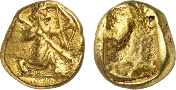 PERSIA, Achaemenid Empire. Circa 485-420 BC. AV Daric (8.33g). Sardes mint. Persian king or hero right, wearing kidaris and kandys, holding spear and bow. Rev. Incuse punch. Meadows 321; Sunrise 24. Good very fine
