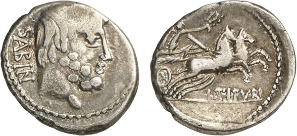 REPUBLIC, Lucius Titurius Sabinus, AR Denarius (89 BC) (Rome) (3.85g). Head right SABIN Rev. Victory driving galloping biga right L TITVRI. Crawford 344/3. Fine. 