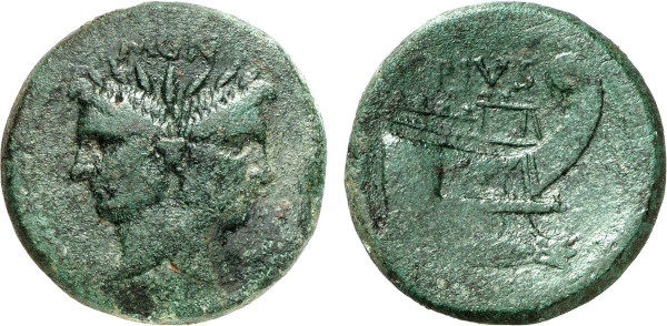 GAUL, Sextus Pompey (42-38 BC), Æ As (Sicily) (24.65g). Laureate, Janiform head with the features of Cn. Pompeius Magnus Rev. Galley prow to right PIVS / IMP. Crawford 479/1. Fine. 