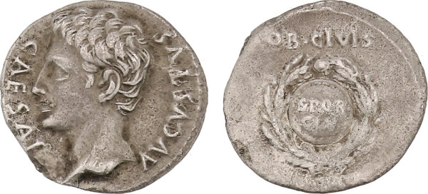 EMPIRE, Augustus (27 BC-14 AD), AR Denarius (19 BC), Uncertain miçnt in Spain (3.46g). Bare head left CAESAR AVGVSTVS Rev. Oak wreath containing shield OB CIVIS / SERVATOS / SPQR / CL V. RIC 79b, Cohen 213. Very Fine. 