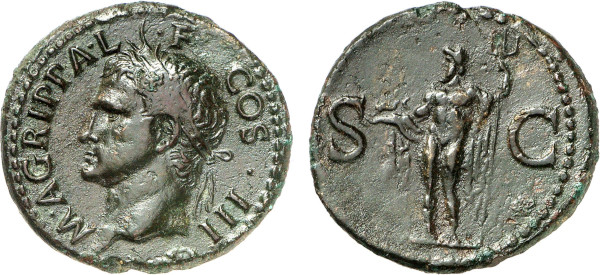 EMPIRE, Agrippa (Died 12 BC), Struck under Gaius (Caligula) (37-41 AD), Æ As (after 37 AD) (Rome) (12.16g). Head left, wearing rostral crown M AGRIPPA L F COS III Rev. S C Neptune, cloaked, standing left holding small dolphin and trident. RIC 58, Cohen 3. Choice Extremely Fine. 