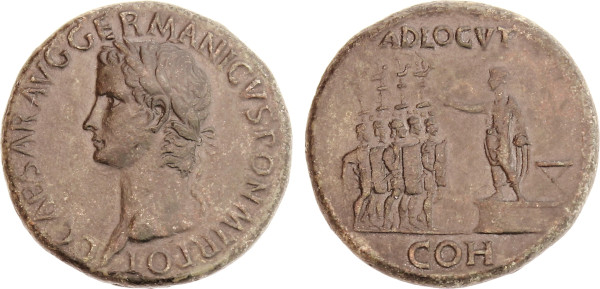 EMPIRE, Caligula (37-41 AD), Æ Sestertius (40-41 AD) (Rome) (27.55g). Laureate head left. Caligula standing left on platform, addressing five soldiers ADLOCVI / COH. RIC 48. Choice Extremely Fine. 