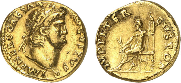 EMPIRE, Nero (54-68 AD), AV Aureus (64-65 AD) (Rome) (7.21g). Laureate head right NERO CAESAR AVGVSTVS Rev. Jupiter seated left on throne, holding thunderbolt and long sceptre IVPPITER CVSTOS. RIC 52, Cohen 118. Choice Extremely Fine. 