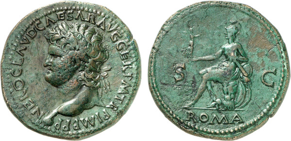 EMPIRE, Nero (54-68 AD), Æ Sestertius (65 AD) (Rome) (24.67g). Laureate head right IMP NERO CLAVD CAESAR AVG GER P M TR P XIII P P Rev. S C / ROMA Roma seated left on cuirass, holding Victory and vertical spear; behind, various shields and arms. RIC 274, Cohen 262. Very Fine. 