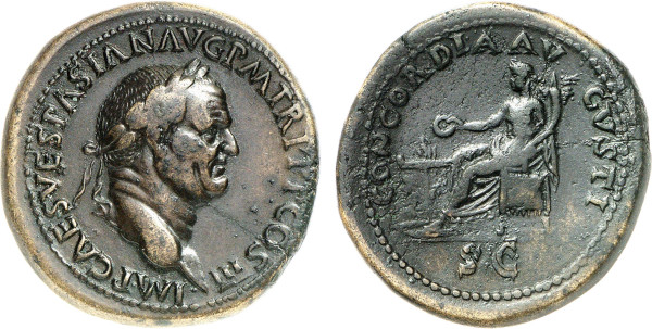 EMPIRE, Vespasian (69-79 AD), Æ Sestertius (71 AD) (Rome) (26.59g). Laureate head of Vespasian to right IMP CAES VESPASIAN AVG P M TR P P P COS III Rev. Concordia seated to left, holding patera over altar in right hand and cornucopiae in left CONCORDIA AVGVST / S C. RIC 155, Cohen 72. Very Fine. 