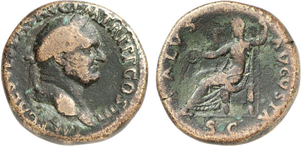 EMPIRE, Vespasian (69-79 AD), Æ Sestertius (72 AD) (Rome) (24.59g). Laureate head right IMP CAES VESPAS AVG P M TR P P P COS IIII Rev. Salus seated left on chair, holding patera in extended right hand, sceptre in left SALVS AVGVSTA / S C. RIC 383, Cohen 435. Fine. 
