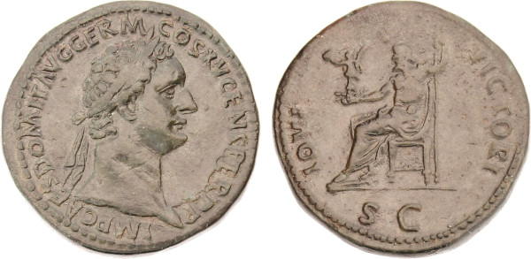 EMPIRE, Domitian (81-96 AD), Æ Sestertius (92-94 AD) (Rome) (32.53g). Laureate head right IMP CAES DOMIT AVG GERM COS XVI CENS PER P P Rev. Jupiter seated left, holding Victory and scepter IOVI VICTORY / S C. Ric 751. Choice Extremely Fine. 