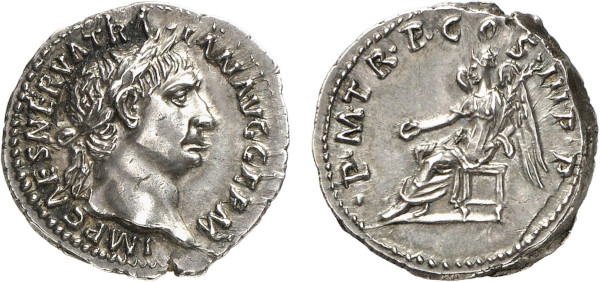 EMPIRE, Trajan (98-117 AD), AR Denarius (100 AD) (Rome) (3.67g). Laureate bust right IMP CAES NERVA TRAIAN AVG GERM Rev. Concordia seated left on throne, holding patera over lighted and garlanded altar, and cornucopiae P M TR P COS III P P. RIC 33, Cohen 229. Extemely Fine. Privately acquired from Tradart