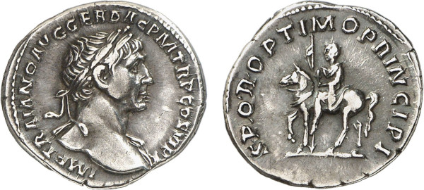 EMPIRE, Trajan (98-117 AD), AR Denarius (112-113 AD) (Rome) (3.42g). Laureate bust right IMP TRAIANO AVG GER DAC P M TR P COS VI P P Rev. Trajan on horseback left, holding spear and small Victory S P Q R OPTIMO PRINCIPI. RIC 291, Cohen 497. Very Fine. Privately acquired from Tradart