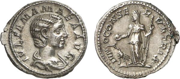 EMPIRE, Julia Mamaea (221-235 AD), mother of Severus Alexander, AR Denarius (222 AD) (Rome) (3.51g). Draped bust right IVLIA MAMAEA AVG Rev. Juno standing front, head left, holding patera and vertical sceptre; at her feet, peacock left IVNO CONSERVATRIX. RIC 343, Cohen 35. Extemely Fine. Privately acquired from Tradart