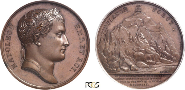 France, French Historical Medals, Napoleon I (1804-1814), Monument on Monte Cenisio Decreed 1813, Andrieu, Brenet and Denon (Bronze, 43.91 gr, 41 mm) Laureate head right NAPOLEON EMP ET ROI Rev. Monument atop Mont-Cenis CONFIANCE FORCE / EN TROIS MOIS LA FRANCE ET L'ITALIE / ARMENT DOUZE CENTS MILLE HOMMES / POUR LA DEFENSE DE L EMPIRE. Plain edge. Bramsen 1233. PCGS SP64
From Baron Desnoyers collection, who was the engraver of King Charles X.