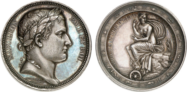 France, French Historical Medals, Napoleon I (1804-1814), Exile on Elba (1814-1815), Droz, Denon and Brenet (Silver, 34.00 gr, 41 mm) Laureate head right NAPOLEON EMP ET ROI Rev. Denuded female sits on rocky seashore watched by an eagle, zodiac signs on border around SEJOUR A L'ILE D'ELBE / MDCCCXIV ET MDCCCXV. Plain edge. Bramsen 1584. Uncirculated.