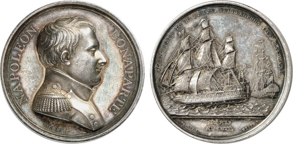 France, French Historical Medals, Napoleon I (1804-1814), Yield of Napoleon 15 July 1815, Webb, Brenet and Mudie (Silver, 35.31 gr, 41 mm) Uniformed bust right NAPOLEN BONAPARTE Rev. Bellerophon sailing left SURRENDERED TO H B M S BELLEROPHON CAPt MAITLAND / XV JULY / MDCCCXV. Plain edge. Bramsen 1691. Extremely Fine.
Commemorative of the capture of the warship Bellerophon