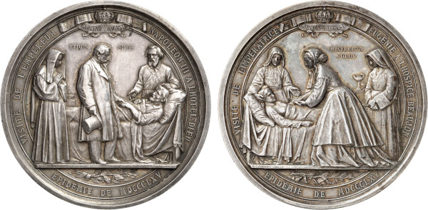 France, French Historical Medals, Napoleon III (1852-1870), Visit of the Emperor and the Empress during the cholera epidemic 1865, Laurent and Borrel (Silver, 224.50 gr, 75 mm) The Emperor holding the hand of a sick person VISITE DE L'EMPEREUR NAPOLEON III A L'HOTEL-DIEU / FIDES SPES / CARITAS AVGVSTA / EPIDEMIE DE MDCCCLXV Rev. The Empress visiting a sick person VISITE DE L'IMPÉRATRICE - EUGÉNIE A L'HOSPICE BEAUJON / MISERORVM SOROR / CARITAS AVGVSTA / EPIDEMIE DE MDCCCLX. Plain edge, ARGENT. Divo cfr. 513. Extremely Fine. Unreported in silver.