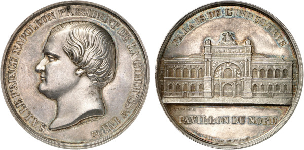 France, French Historical Medals, Napoleon III (1852-1870), Prince Napoleon, Paris Universal Exhibition 1855, Barre, Wiener and Gervais (Silver, 63.10 gr, 50 mm) Head left S.A.I. LE PRINCE NAPOLEON PRESIDENT DE LA COMMISSon IMPle Rev. Pavilion du Nord at the Palais de Industrie PALAIS DE L'INDUSTRIE / PAVILLON DU NORD. Plain edge, ARGENT. Extremely Fine. Extremely rare.