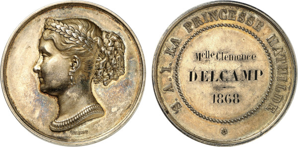 France, French Historical Medals, Napoleon III (1852-1870), Princess Mathilde Bonaparte 1868, Barre (Gilt silver, 38.71 gr, 40 mm) Laureate head left Rev. Hand-engraving within legend S. A. I. LA PRINCENSSE MATHILDE / Melle CLÉMENCE / DELCAMP / 1868. Plain edge, ARGENT. Divo cfr. 588. Extremely Fine.