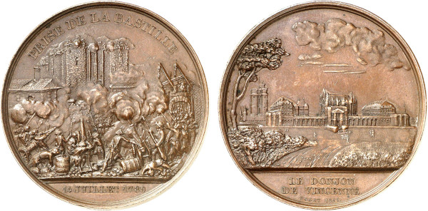 France, Storming of the Bastille and Castle of Vincennes 1844, Rogat (Copper, 43.51 gr, 42 mm) Scene of the storming of the Bastille PRISE DE LA BASTILLE / 14 JUILLET 1789 Rev. Landscape scene with view of Fosses chapel and Vincennes castle LE DONJON / DE VINCENNES. Plain edge, CUIVRE. Collignon 1387. Extremely Fine.