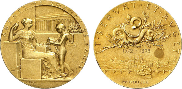 France, Agents de Change (Stockbroker's) of Paris (1572-1898), Roty (Gold, 25.79 gr, 37 mm) A little angel spills coins from a cornucopia into seated woman's coffer, Paris Stock Exchange building in the background AGENTS DE CHANGE DE PARIS Rev. Laurel, serpent, lyre, all over the Seine ET SERVAT ET AVGET / Mr ROUZÉE. Plain edge, 3. Extremely Fine. Attributed to Mr Rouzée.