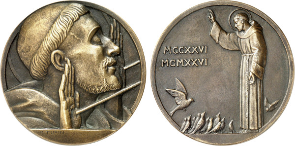 France, St. Francis of Assisi, 700th Anniversary of his Death (1226-1926), Turin (Bronze, 200 gr, 86 mm) Tonsured head of saint holding up hands with the stigmata Rev. Saint preaching to attentive birds MCCXXVI MCMXXVI. Plain edge, 131. Extremely Fine.
Issued by the SFAM (Société des Amis de la Médaille Française)