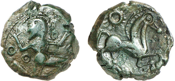 GAUL, Bellovaci, Æ Bronze (1st century BC), Beauvais area (2.85g). DT 291 variante with single globule under left elbow. Very Fine. From a gentleman's collection