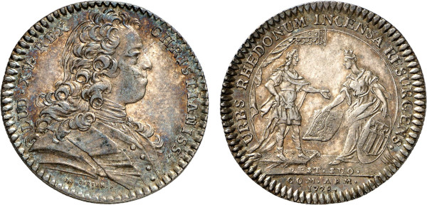 France, Louis XV (1715-1774), Etats de Bretagne 1728 (Silver, 29 mm). Feuardent 8747. Extremely Fine.
Reconstruction of Rennes following the Great Fire of 1720.