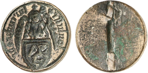 France, Seal Matrix (Bronze, 13.19 gr, 28 mm) Angel with shield. Very Fine.