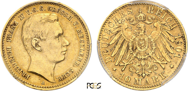 German States, Mecklenburg-Schwerin, Friedrich Franz IV (1897-1918), 10 Mark 1901 A (Berlin) (Gold, 3.98 gr, 19.50 mm) Head right FRIEDRICH FRANZ IV V G G GROSSH V MECKLENB SCHW Rev. Imperial eagle DEUTSCHES REICH. The edge is inscribed. KM 331. PCGS AU50
This coin was struck to commemorate the Grand Duke Coming of Age. The only example graded by PCGS. Extremely rare.