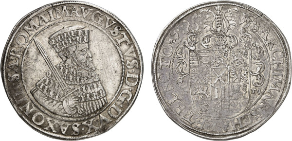German States, Saxony, August (1553-1586), Taler 1554 (Annaberg) (Silver, 28.81 gr, 42 mm) Bust right, sword over right shoulder, titles of August I undivided AVGVSTVS D G DVX SAXONIE SAR ROMA IM Rev. 12-fold arms with central shield of electoral Saxony divide date, 3 helmets above, titles continued ARCHIMARSCHAL ET ELECTO. Davenport 9791. Extremely Fine, hairlines on obverse.