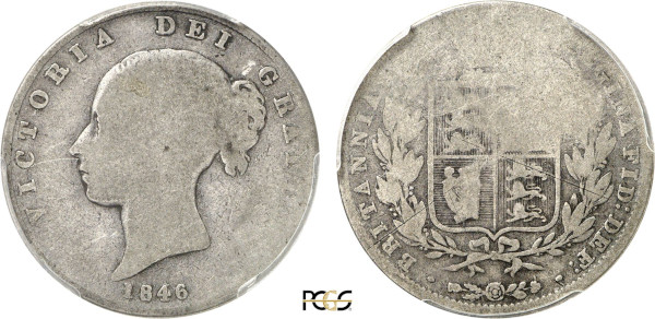 Great Britain, Victoria (1837-1901), Half Crown 1846 over 1646 (Silver, 12.99 gr, 32 mm) Head left VICTORIA DEI GRATIA Rev. Crowned shield of arms within wreath BRITANNIARUM REGINA FID DEF. Reeded edge. KM 740. PCGS AG03. Extremely rare, second example reported.