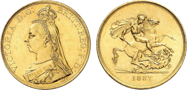 Great Britain, Victoria (1837-1901), 5 Pounds 1887 (Gold, 39.67 gr, 36 mm) Bust left wearing small crown and veil VICTORIA D G BRITT REG F D Rev. St. George slaying the dragon right. Reeded edge. KM 769. Extremely Fine.