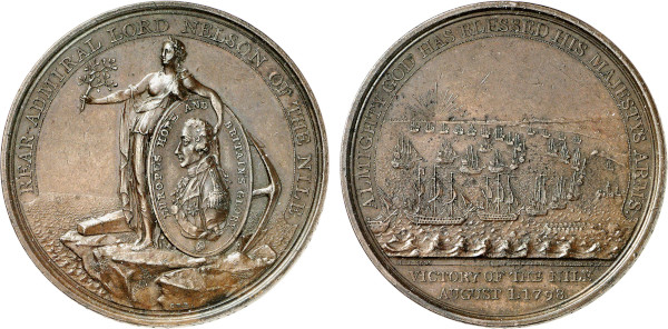 Great Britain, The Battle of the Nile, Alexander Davisson's (1 August 1798), Küchler (Bronze, 39.55 gr, 47 mm) Peace on shoreline holds shield with portrait of Horatio Nelson REAR ADMIRAL LORD NELSON OF THE NILE / EUROPE'S HOPE AND BRITAIN'S GLORY Rev. British navy going into action at Aboukir Bay ALMIGHTY GOD HAS BLESSED HIS MAJESTY'S ARMS / VICTORY OF THE NILE AUGUST 1 1798. The edge is inscribed A TRIBUTE OF REGARD FROM ALEXR DAVISON ESQR ST. JAMES SQUARE. BHM 447, E 890, MH 482. Extremely Fine.
Nelson's decisive victory against the French fleet at Aboukir Bay near Alexandria (Egypt), gave Britain command of the Mediterranean and cut Napoleon Bonaparte's army in Egypt off from France. He made Alexander Davison his prize agent, and Davison had these medals struck for British participants in the battle. Nelson was created Baron Nelson of the Nile as a result of the victory.