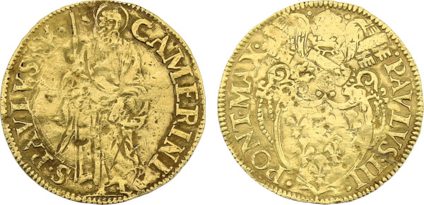 Italian States, Camerino, Paul III (1534-1549), Scudo (1534-1549) (Gold, 3.15 gr, 25 mm) Papal coat of arms PAVLVS III PONT MAX Rev. Saint Paul standing CAMERINI S PAVLVS V. Friedberg 396. Extremely Fine.