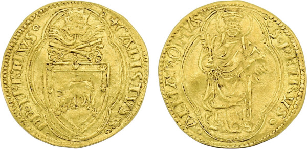 Italian States, Papal States, Calixtus III (1455-1458), Ducat (1455-1458) (Gold, 2.91 gr, 24 mm) Papal arms in quadrilobe S PETRVS ALMA ROMA Rev. CALISTVS TERTIVS St. Peter standing in quadrilobe. Friedberg 8