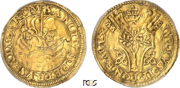 Italian States, Papal States, Julius II (1503-1513), Fiorin (1503-1513) (Gold, 3.26 gr, 23 mm). Friedberg 40. PCGS Genuine (AU Details, Mount Removed)