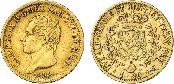 Italian States, Sardinia, Carlo Felice (1821-1831), 20 Lire 1828 L (Turin) (Gold, 6.38 gr, 21 mm) Head to left, date below CAR FELIX D G REX SAR CP ET HIER Rev. Crowned spade-shaped shield of 4-fold arms, with central shield of Savoy eagle, between 2 oak branches, collar of order suspended below DVX SAB GENVAE ET MONTISF PRINC PED &. The edge is inscribed * FERT * * FERT * * FERT *. KM 118.1. Very Fine.
