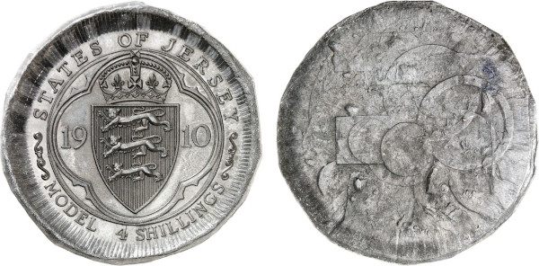 Jersey, Edward VII (1901-1910) or George V (1910-1936), Lead Trial Strike of a Model 4 Shillings 1910 (Lead, 28.36 gr, 41 mm) Crowned shield within quadrilobe STATES OF JERSEY. KM X M1, M2 or M3. Uncirculated. Very rare.