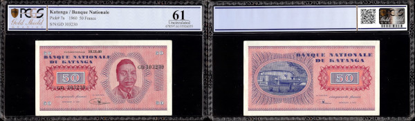 Katanga, 50 Francs 10.11.1960. Moise Tshombe at right Rev. Building at left. Pick 7a. PCGS Uncirculated 61
