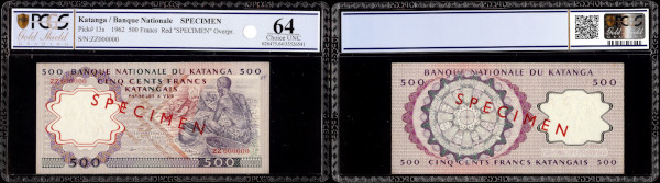 Katanga, Specimen 500 Francs 17.4.1962. Man with fire at right Rev. Wheel of masks and spears. Pick 13s. PCGS Choice UNC 64
