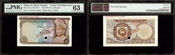 Malaysia, Color Trial Specimen 5 Ringgit ND (1967-1972). T. A. Rahman at right. Old spelling of DI-PERLAKUKAN Rev. Arms. Pick 2cts, KNB2CT. PMG Choice Uncirculated 63, Previously Mounted
.