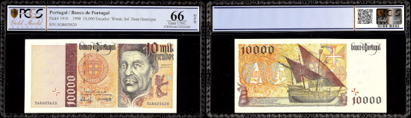 Portugal, 10000 Escudos 10.7.1997 (1998). Infante Dom Henrique at right, arms at center Rev. Old sailing ship at center. Pick 191b. PCGS Gem UNC 66 OPQ