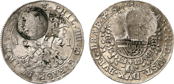 Russia, Aleksei Mikhailovich (1645-1676), Yefimok (Jefimok) 1655 (Silver, 27.89 gr, 43 mm) Crowned Burgundy cross dividing date, Golden Fleece PHIL IIII D G HISP ET INDIAR REX Rev. Crowned arms in Collar of the Golden Fleece ARCHID AVST DVX BVRG BRAB Zc. KM 425. Extremely Fine.
Countermark (Czar horseback right in dotted circle, date in rectangle) on Brabant Patagon 1621 (Brussels).