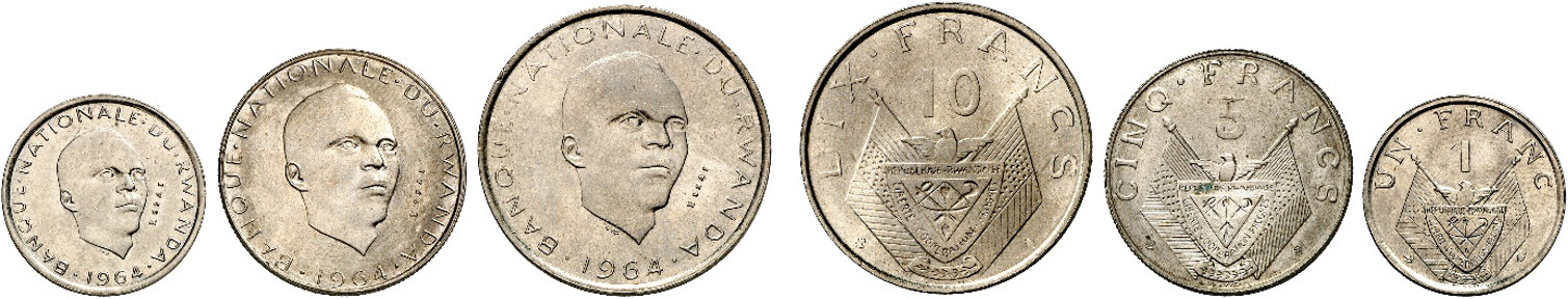 Rwanda, Copper-nickel essais 5 Francs, 2 Francs and 1 Franc 1964. Head 1/4 right Rev. Value above flag draped arms. KM (cfr. E1), (cfr. E2) and E3. The copper-nickel essai 5 Francs and 2 Francs are unreported an extremely rare.