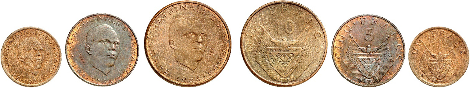 Rwanda, Bronze essais 5 Francs, 2 Francs and 1 Franc 1964. Head 1/4 right Rev. Value above flag draped arms. KM (cfr. E1), E2 and (cfr. E3). Uncirculated. The bronze essai 5 Francs and 1 Franc are unreported an extremely rare.