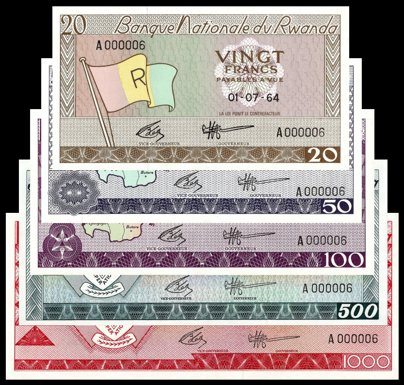 Rwanda, Low Serial Number 20 Francs to 1000 Francs 1.7.1964. Pick 6a, 7a, 8a, 9a and 10a. PCGS 64 to 67 OPQ
