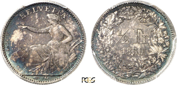 Switzerland, ½ Franc 1850 A (Paris) (Silver, 2.50 gr, 18 mm) Seated Helvetia HELVETIA Rev. Denomination within wreath. Reeded edge. KM 8. PCGS MS66